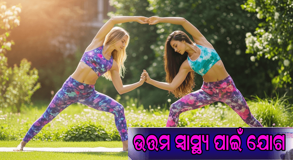 ଏକ ଶାନ୍ତ ପରିବେଶରେ ଯୋଗାସନ କରୁଥିବା ବ୍ୟକ୍ତି, ପୃଷ୍ଠଭୂମିରେ ଅନ୍ତର୍ଜାତୀୟ ଯୋଗ ଦିବସ ୨୦୨୫ର ଥିମ୍ ସହିତ।