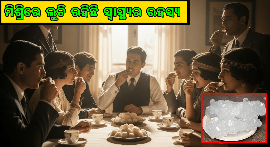 ଏକ ଗୋଲାକାର ପାତ୍ରରେ ଚମକୁଥିବା ମିଶ୍ରି ଟୁକୁରା, ପୃଷ୍ଠଭୂମିରେ ଆୟୁର୍ବେଦିକ ଔଷଧୀୟ ଉଦ୍ଭିଦ ସହିତ।