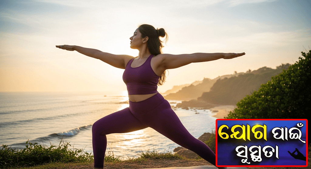 Woman performing Surya Namaskar yoga pose at sunrise