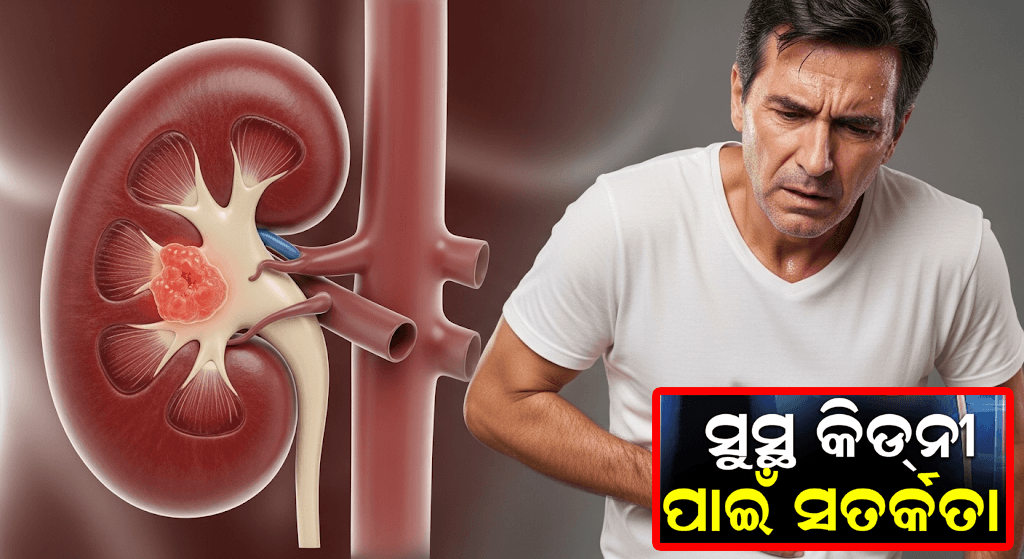 ସୁସ୍ଥ କିଡନୀ ଓ ଜଳଖିଆ: ଏକ ଯୁବକ ପାଣି ପିଉଥିବା ଚିତ୍ର, ପାଖରେ ତଜା ଫଳ, ଶାକସବ୍ଜି ଓ କିଡନୀର ସ୍କାନ୍ ଚିତ୍ର