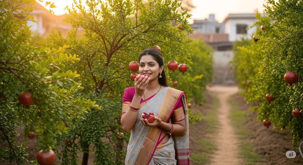 A young Indian village woman in a traditional saree stands in a pomegranate orchard, smiling and eating a pomegranate. The trees are full of ripe pomegranates, and a dirt path extends into the background with hints of village houses.